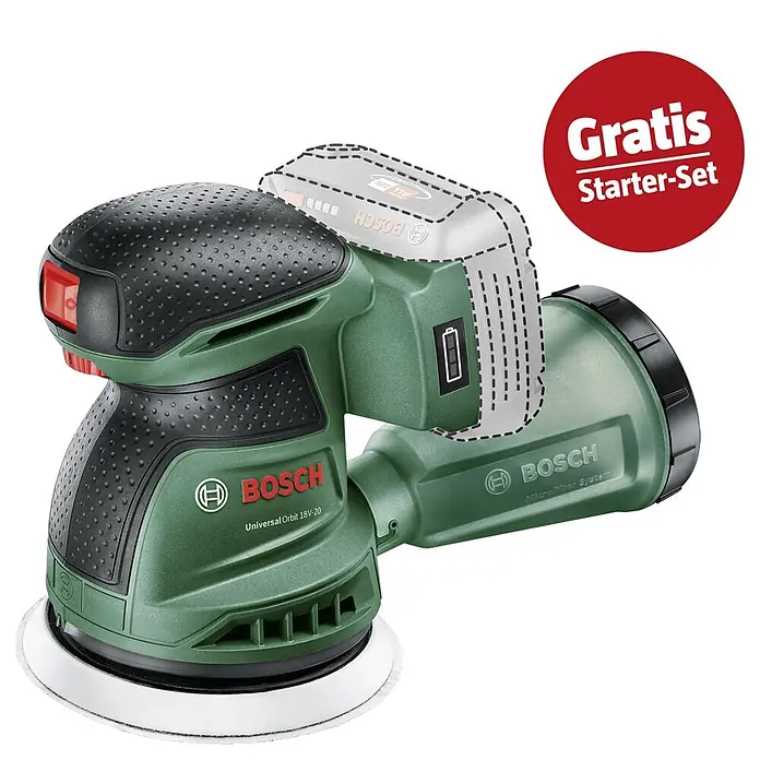 Bosch Power for All 18V Maschinenpaket - Akku-Exzenterschleifer UniversalOrbit 18V-20 + gratis Starter-Kit - Grün-schwarzer Bosch Akku-Exzenterschleifer mit sichtbarem Batteriefach und "Gratis Starter-Set" Angebot.