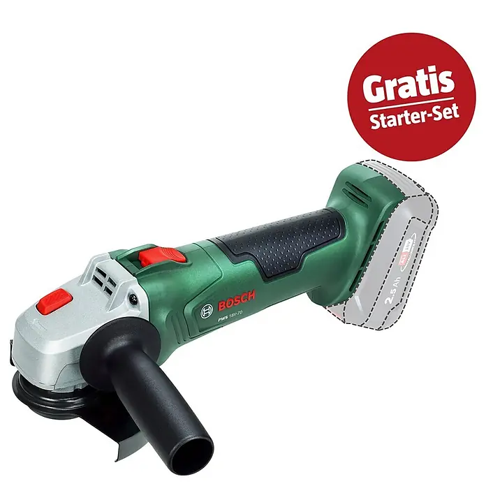 Bosch Power for All 18V Maschinenpaket - Akku-Winkelschleifer PWS 18V-70 + gratis Starter-Kit - Grüne und graue Bosch Akku-Winkelschleifer mit roten Knöpfen und schwarzem Griff.
