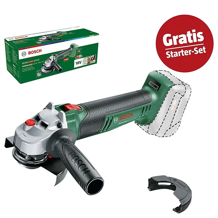 Bosch Power for All 18V Maschinenpaket - Akku-Winkelschleifer UniversalGrind 18V-75 + gratis Starter-Kit - Bosch UniversalGrind 18V-75 Akku-Winkelschleifer (grün/schwarz/silber), Karton und ein 'Gratis Starter-Set' Angebot.