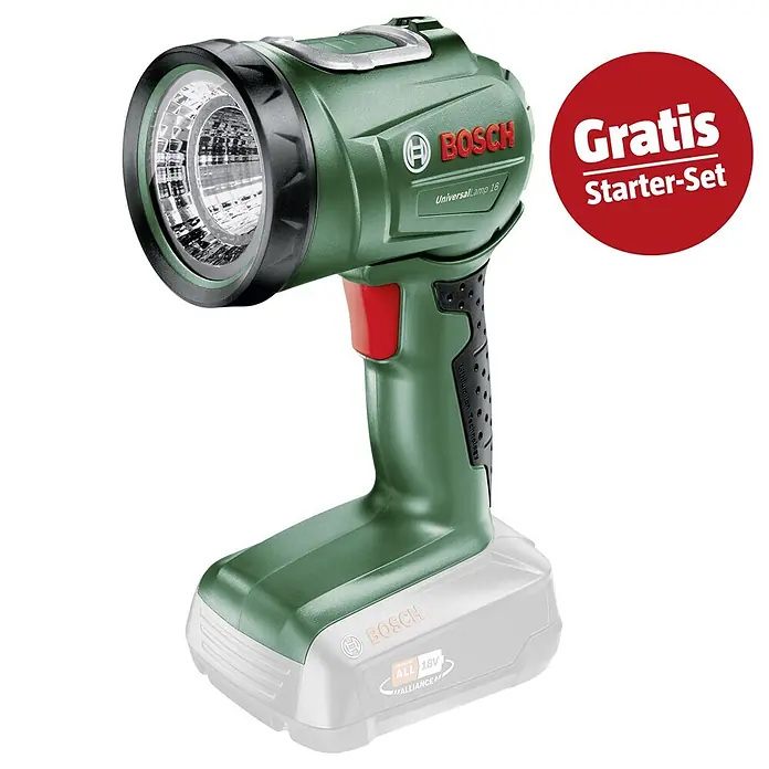 Bosch Power for All 18V Maschinenpaket - Akku-Handlampe UniversalLamp 18 + gratis Starter-Kit - Grüne Bosch 18V Akku-Lampe mit rotem Knopf und grauem Akkusockel.