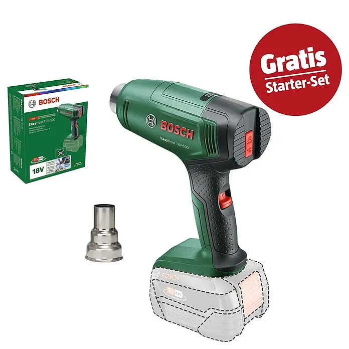 Bosch Power for All 18V Maschinenpaket - Akku-Heißluftgebläse EasyHeat 18V-500 + gratis Starter-Kit - Grün-schwarzer Bosch EasyHeat 18V-500 Akku-Heißluftgebläse ohne Akku, mit Düse. Inklusive Produktverpackung und "Gratis Starter-Set" Label.