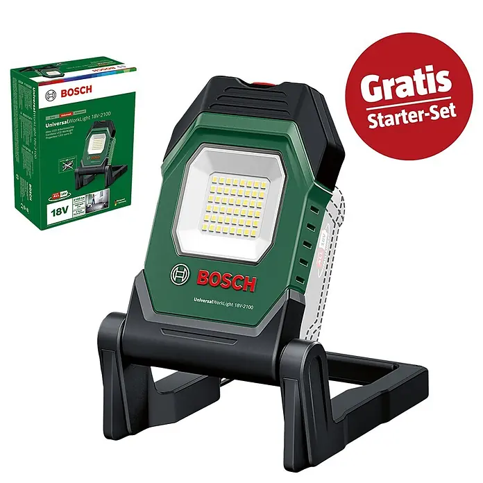 Bosch Power for All 18V Maschinenpaket - Akku-Lampe UniversalWorkLight 18V-2100 + gratis Starter-Kit - Grünes & schwarzes Bosch UniversalWorkLight 18V-2100 Akku-LED-Arbeitslicht mit Produktbox & "Gratis Starter-Set" Aufkleber.