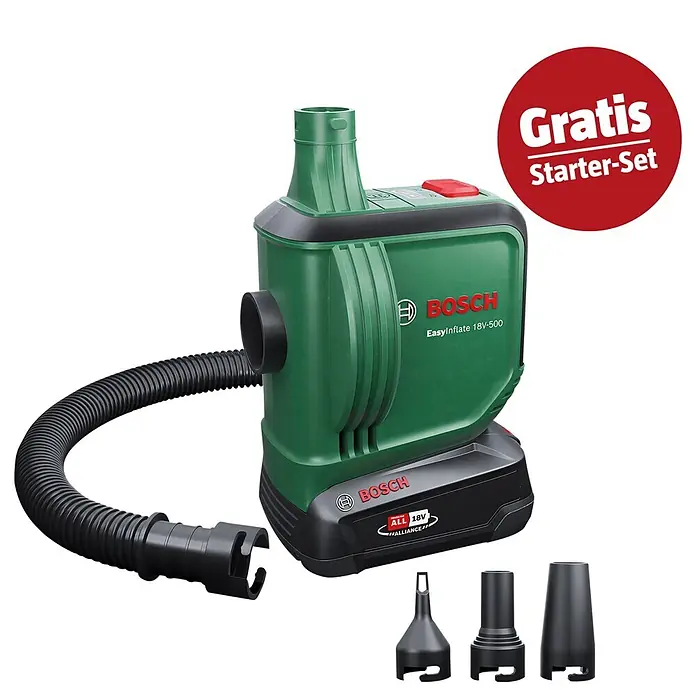 Bosch Power for All 18V Maschinenpaket - Akku-Luftpumpe EasyInflate 18V-500 (1 Akku)+ gratis Starter-Kit - Grüner Bosch EasyInflate 18V-500 mit Akku, Schlauch und drei Düsen. Beschriftet mit 'Gratis Starter-Set'.
