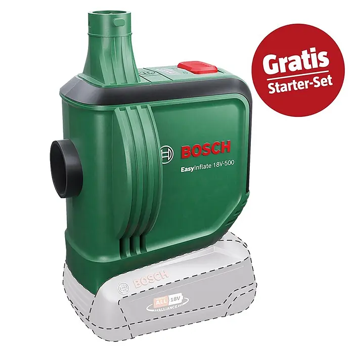 Bosch Power for All 18V Maschinenpaket - Akku-Luftpumpe EasyInflate 18V-500 (Ohne Akku) + gratis Starter-Kit - Grüner & schwarzer Bosch EasyInflate 18V-500 Inflator mit rotem Knopf, Akku-Kontur & „Gratis Starter-Set“ Abzeichen.