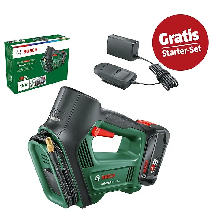 Bosch Power for All 18V Maschinenpaket - Akku-Luftpumpe UniversalPump (1 Akku) + gratis Starter-Kit - Grün-schwarze Bosch UniversalPump 18V Akku-Druckluftpumpe mit Ladegerät, Akku und Verpackung, inklusive Gratis Starter-Set.