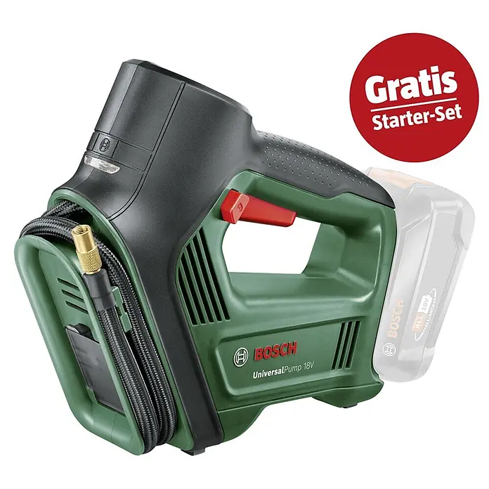 Bosch Power for All 18V Maschinenpaket - Akku-Luftpumpe UniversalPump (Ohne Akku) + gratis Starter-Kit - Grün-schwarze Bosch UniversalPump 18V Akku-Luftpumpe mit integrierter Schlauchaufbewahrung und abnehmbarem Akku.