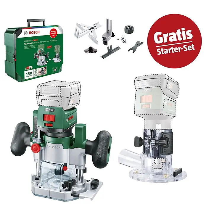 Bosch Power for All 18V Maschinenpaket - Akku-Kantenfräser AdvancedTrimRouter 18V-8 Set + gratis Starter-Kit - Bosch Akku-Oberfräse Advanced TrimRouter 18V-8 mit Tauchbasis, grün/silber, inkl. Transportkoffer und Starter-Zubehör-Set.