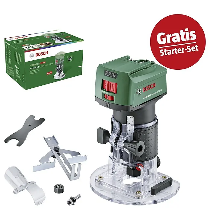 Bosch Power for All 18V Maschinenpaket - Akku-Kombifräse AdvancedTrimRouter 18V-8 + gratis Starter-Kit - Grüner und schwarzer Bosch Advanced TrimRouter 18V-8 Akku-Fräser mit transparenter Basis, Karton, Zubehör und rotem „Gratis Starter-Set“-Etikett.