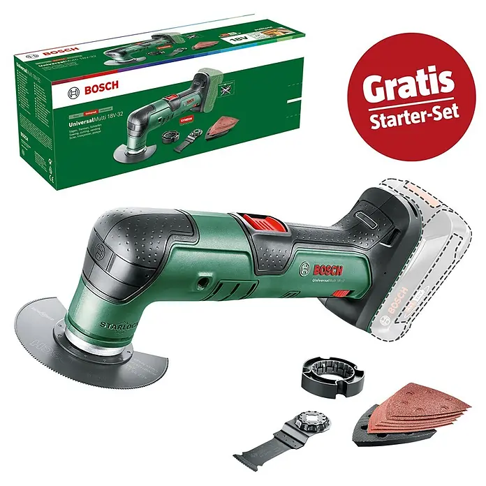Bosch Power for All 18V Maschinenpaket - Akku-Multifunktionswerkzeug UniversalMulti 18V-32 + gratis Starter-Kit - Grünes und schwarzes Bosch UniversalMulti 18V-32 Oszillationswerkzeug mit Zubehör und Schleifpads, abgebildet mit Produktbox und „Gratis Starter-Set“.