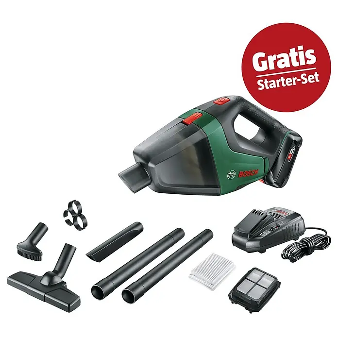 Bosch Power for All 18V Maschinenpaket - Akku-Handstaubsauger UniversalVac 18 (1 Akku) + gratis Starter-Kit - Grüner und schwarzer Bosch Akku-Handstaubsauger mit Zubehör, Ladegerät und Filtern. Inklusive Gratis Starter-Set.