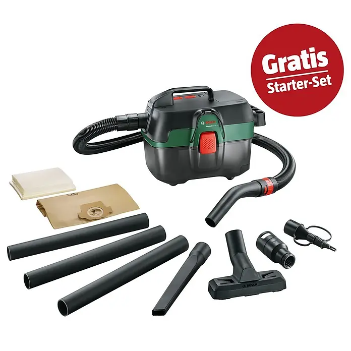 Bosch Power for All 18V Maschinenpaket - Akku-Nass-Trockensauger AdvancedVac 18V-8 + gratis Starter-Kit - Grün-schwarzer Bosch Nass-/Trockensauger mit Schlauch, Düsen, Filtern und einem „Gratis Starter-Set“.