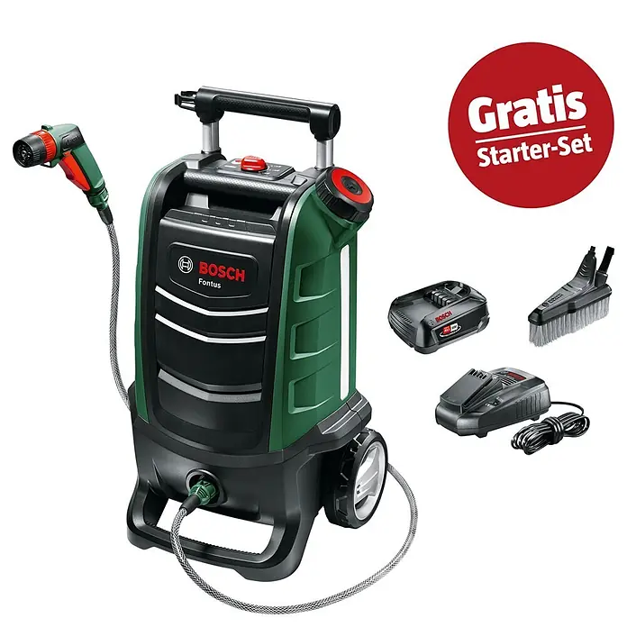 Bosch Power for All 18V Maschinenpaket - Akku-Hochdruckreiniger Fontus + gratis Starter-Kit - Bosch Fontus Akku-Druckreiniger (schwarz/grün) mit Schlauch, Spritzpistole, Akku, Ladegerät und Bürste.
