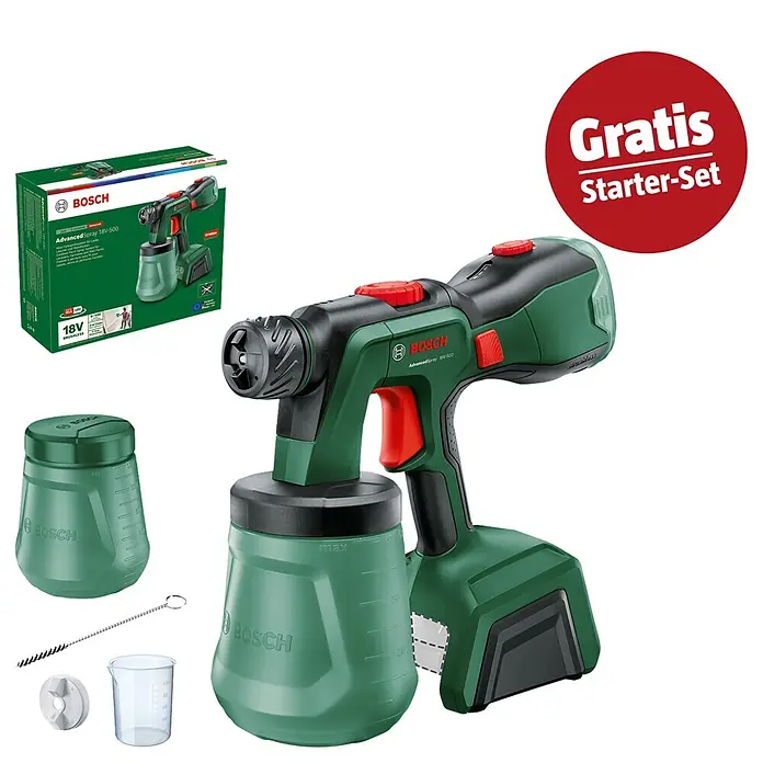 Bosch Power for All 18V Maschinenpaket - Akku-Farbsprühsystem AdvancedSpray 18V-500 (1 Akku) + gratis Starter-Kit - Grünes und schwarzes Bosch AdvancedSpray 18V-500 Akku-Farbsprühsystem mit Starter-Set und Verpackung.