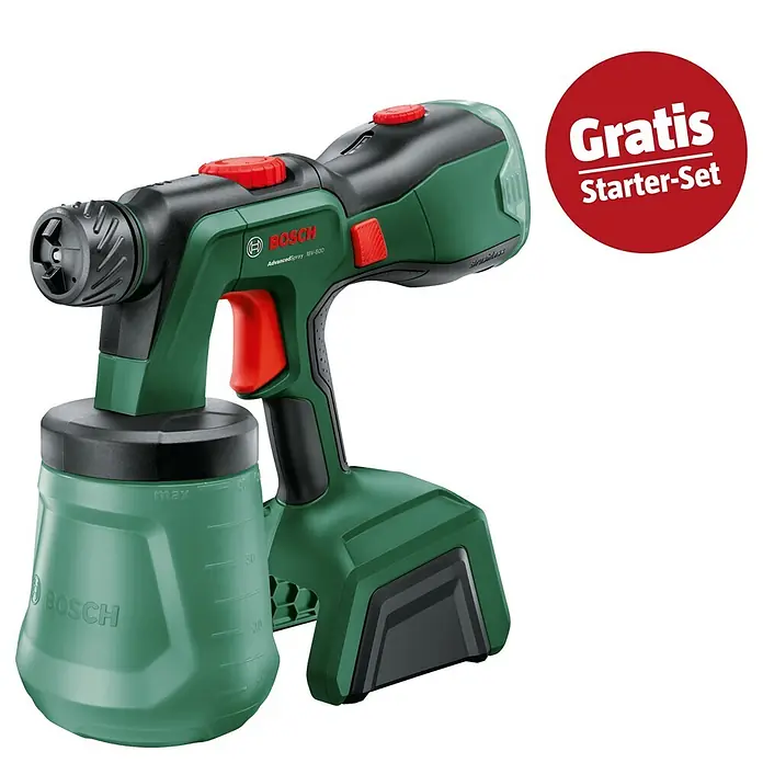 Bosch Power for All 18V Maschinenpaket - Akku-Farbsprühsystem AdvancedSpray 18V-500 (Ohne Akku) + gratis Starter-Kit - Grüne und schwarze Bosch Akku-Farbsprühpistole mit roten Akzenten und einem "Gratis Starter-Set" Aufkleber.