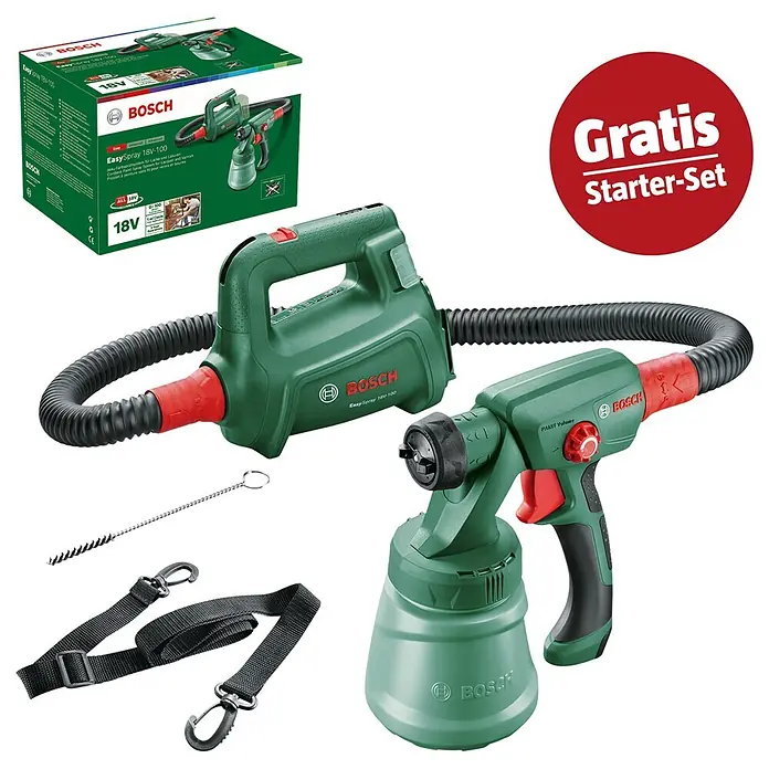 Bosch Power for All 18V Maschinenpaket - Akku-Farbsprühsystem EasySpray 18V-100 + gratis Starter-Kit - Grünes Bosch EasySpray 18V-100 Akku-Farbsprühsystem mit Sprühpistole, Schlauch, Reinigungsbürste und Gurt.