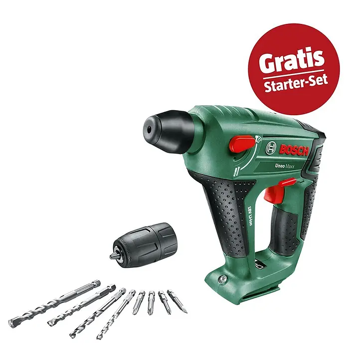 Bosch Power for All 18V Maschinenpaket -  - Grüner Bosch Uneo Maxx Akku-Bohrhammer mit Bohrfutter, Bohrern und Schrauberbits als 'Gratis Starter-Set'.