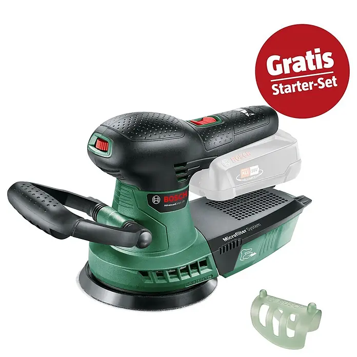 Bosch Power for All 18V Maschinenpaket - Akku-Exzenterschleifer AdvancedOrbit 18 + gratis Starter-Kit - Grüner/schwarzer Bosch Akku-Exzenterschleifer mit Akku, Microfilter-Staubsystem, rotem 'Gratis Starter-Set' Kreis und transparentem Zubehörteil.