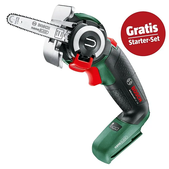 Bosch Power for All 18V Maschinenpaket - NanoBlade-Säge AdvancedCut 18 + gratis Starter-Kit - Grüne und schwarze Bosch AdvancedCut 18 NanoBlade Akkusäge mit silbernem Mini-Kettensägeblatt. Inklusive "Gratis Starter-Set" Angebot.