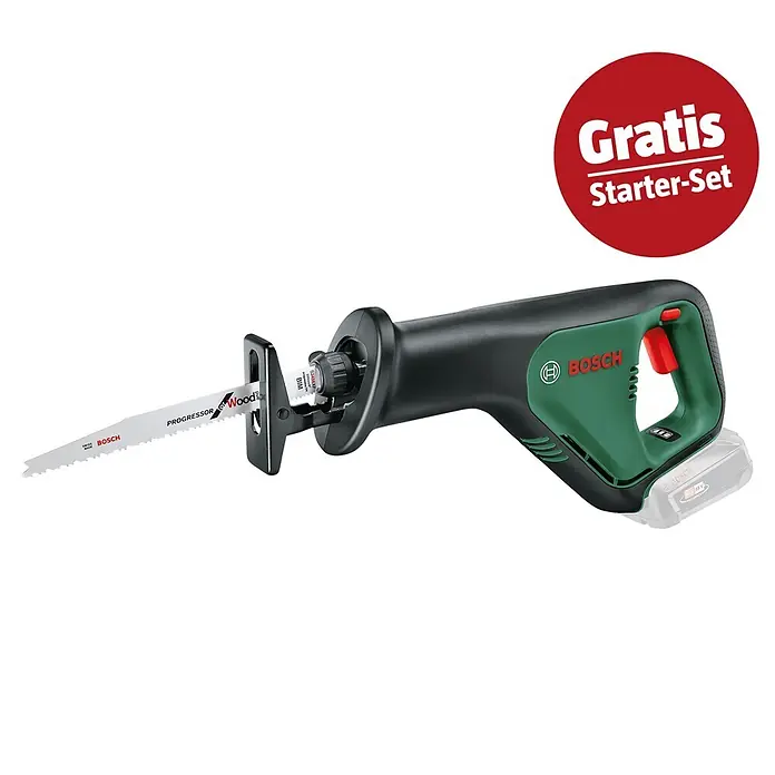 Bosch Power for All 18V Maschinenpaket - Akku-Säbelsäge AdvancedRecip 18 + gratis Starter-Kit - Grüne und schwarze Bosch Säbelsäge mit Sägeblatt und 18V Akku. Inklusive „Gratis Starter-Set“ Aufkleber.
