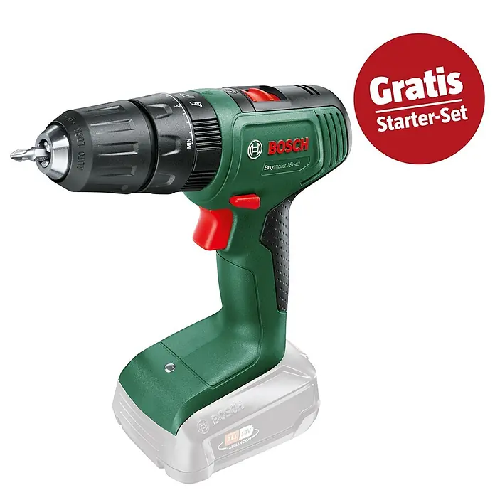 Bosch Power for All 18V Maschinenpaket - Akku-Schlagbohrschrauber EasyImpact 18V-40 + gratis Starter-Kit - Grüne und schwarze Bosch EasyImpact 18V-40 Akkubohrmaschine mit grauem Akku. Inkl. „Gratis Starter-Set“ Angebot.