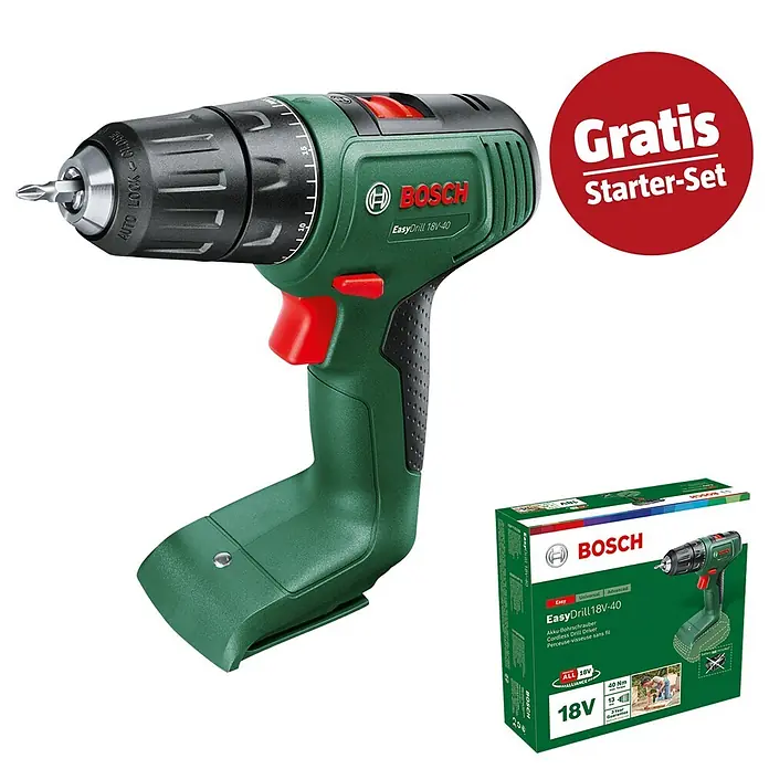 Bosch Power for All 18V Maschinenpaket - Akku-Bohrschrauber EasyDrill 18V-40 + gratis Starter-Kit - Grün-schwarzer Bosch EasyDrill 18V-40 Akku-Bohrschrauber mit Bit, daneben die Produktverpackung und ein „Gratis Starter-Set“-Hinweis.