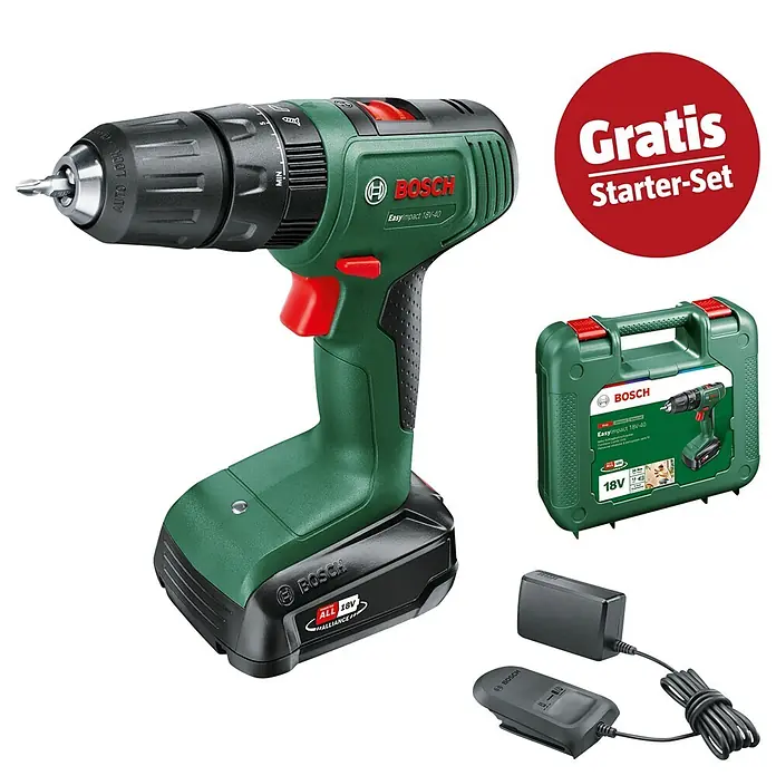 Bosch Power for All 18V Maschinenpaket - Akku-Schlagbohrschrauber EasyImpact 18V-40 + gratis Starter-Kit - Grüner und schwarzer Bosch Akku-Schlagbohrschrauber mit Koffer, Akku und Ladegerät, beschriftet mit 'Gratis Starter-Set'.
