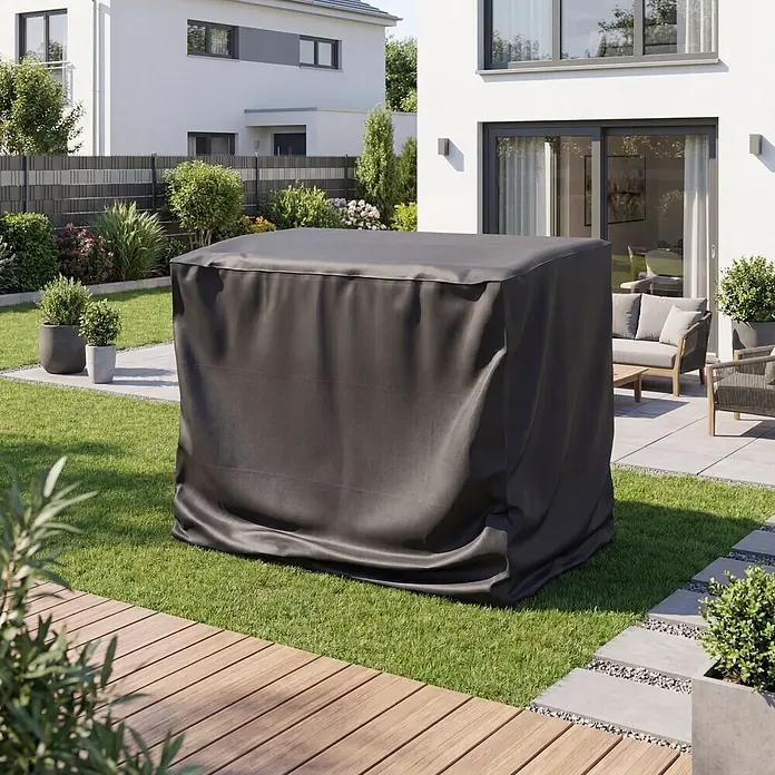 Sunfun Hollywoodschaukel-Schutzhülle - L x B x H: 240 x 140 x 170 cm, Polyester, 160 g/m², Schwarz - Dunkelgraue Schutzhülle für Gartenmöbel, auf Rasen neben Terrasse platziert.