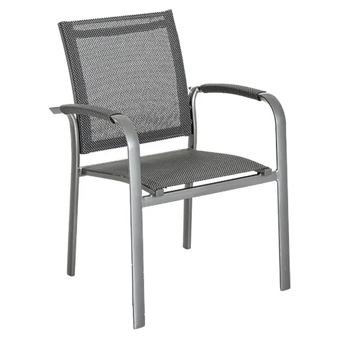 Sunfun Maja Sillón de jardín Maja - An x Pr x Al: 59,5 x 59 x 88 cm, Antracita, Aluminio/Textiline - Imagen de una silla de patio gris con reposabrazos y tejido de malla para el asiento y el respaldo, ideal para exteriores.
