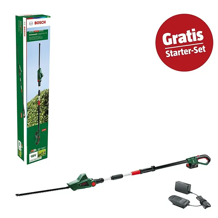 Bosch Power for All 18V Maschinenpaket - Teleskop-Heckenschere UniversalHedgePole 18, 18V, 2,5 Ah Akku & Ladegerät - Grüner Bosch UniversalHedgePole 18 Akku-Teleskop-Heckenschneider mit Akku und Ladegerät, neben seiner Verpackung.