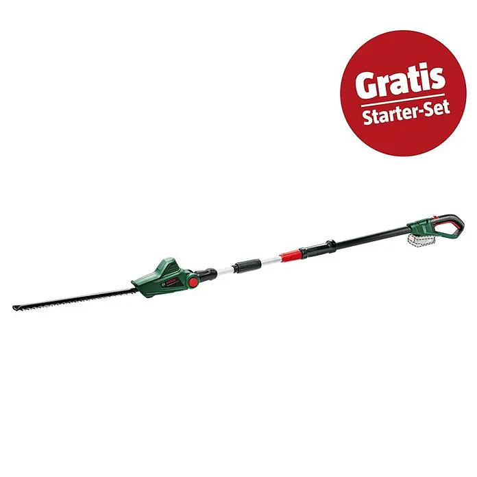 Bosch Power for All 18V Maschinenpaket - Teleskop-Heckenschere UniversalHedgePole 18, 18V, 2,5 Ah Akku & Ladegerät - Grüne und schwarze Teleskop-Heckenschere mit 'Gratis Starter-Set' Angebot.