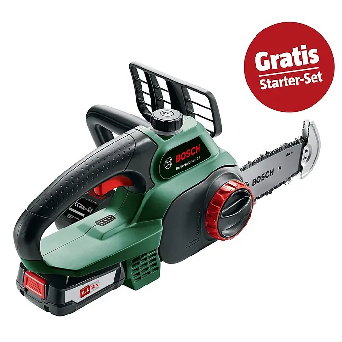 Bosch Power for All 18V Maschinenpaket - Akku-Kettensäge UniversalChain 18, 18V, 2,5 Ah Akku & Ladegerät - Eine grüne und schwarze Bosch Akku-Kettensäge mit rotem Akku, langer Kette und Führungsschiene.