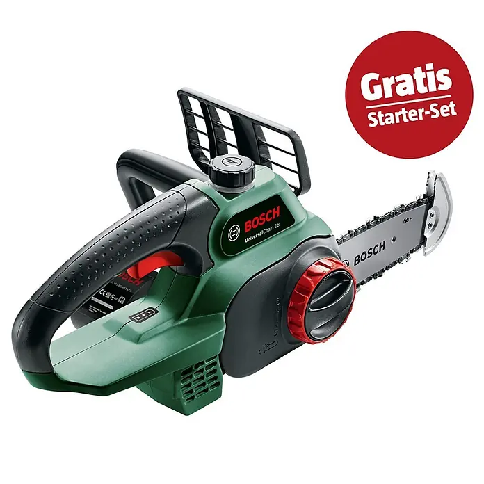 Bosch Power for All 18V Maschinenpaket - Akku-Kettensäge UniversalChain 18, 18V, 2,5 Ah Akku & Ladegerät - Grüne und schwarze Bosch Akku-Kettensäge mit silbernem Schwert und rotem Einstellrad, inklusive 'Gratis Starter-Set' Aktion.