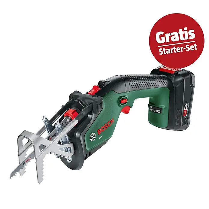 Bosch Power for All 18V Maschinenpaket - Gartensäge Keo, 18V, 2,5 Ah Akku & Ladegerät - Eine grüne und schwarze Bosch KEO Akku-Gartensäge mit Holzsägeblatt und 18V Akku. Ein roter Kreis zeigt "Gratis Starter-Set" an.
