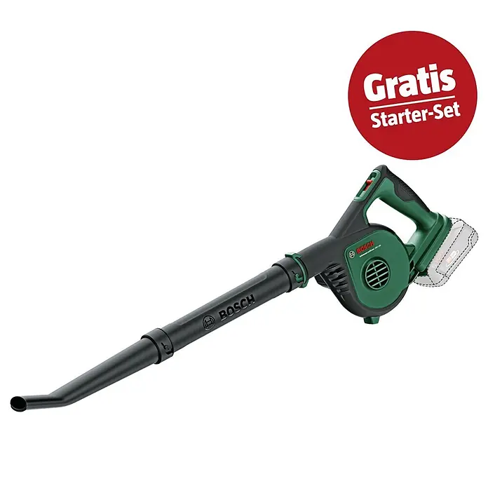 Bosch Power for All 18V Maschinenpaket - Akku-Kettensäge EasyChain 18V-15-7, 18V, 2,5 Ah Akku & Ladegerät - Grün-schwarzer Bosch Akku-Laubbläser mit verlängertem Rohr und rotem „Gratis Starter-Set“-Banner oben rechts.