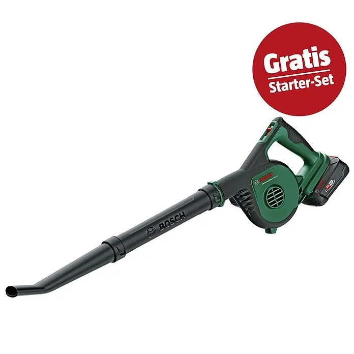 Bosch Power for All 18V Maschinenpaket - Akku-Kettensäge EasyChain 18V-15-7, 18V, 2,5 Ah Akku & Ladegerät - Grün-schwarzer Bosch Akku-Laubbläser mit langer Düse.