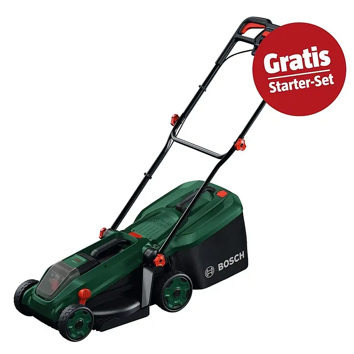Bosch Power for All 18V Maschinenpaket - Akku-Kettensäge PKE18V-30-28, 18V, 2,5 Ah Akku & Ladegerät - Bosch grüner und schwarzer Akku-Rasenmäher mit roten Akzenten und 'Gratis Starter-Set' Angebot.