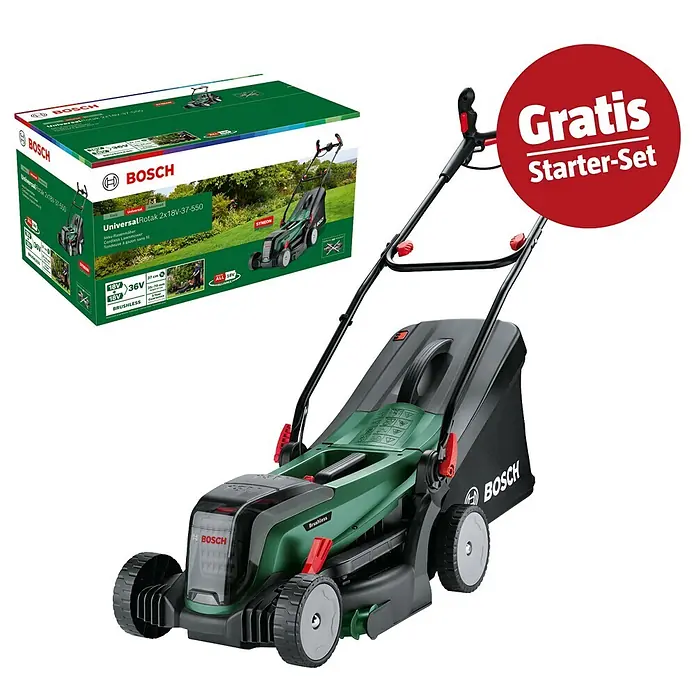 Bosch Power for All 18V Maschinenpaket - Akku-Rasenmäher EasyMower 18V-32-150, 18V, 2,5 Ah Akku & Ladegerät - Grüner und schwarzer Bosch Akku-Rasenmäher mit Produktbox und „Gratis Starter-Set“-Aktion.