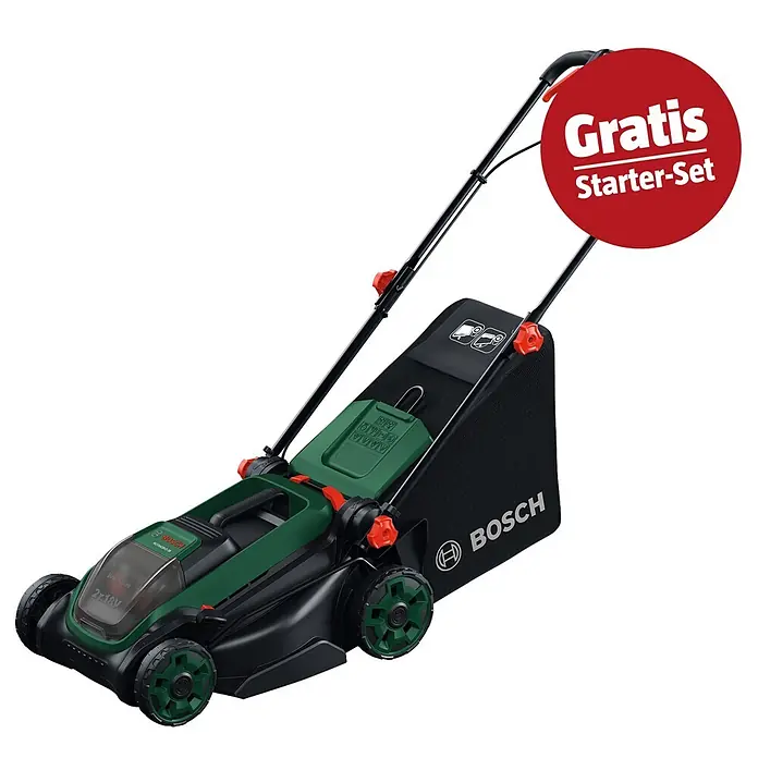 Bosch Power for All 18V Maschinenpaket - Akku-Rasenmäher ROTAK18V2-43, 18V, 2,5 Ah Akku & Ladegerät - Grüner und schwarzer Bosch Akku-Rasenmäher mit transparenter Abdeckung und rotem „Gratis Starter-Set“ Hinweis.