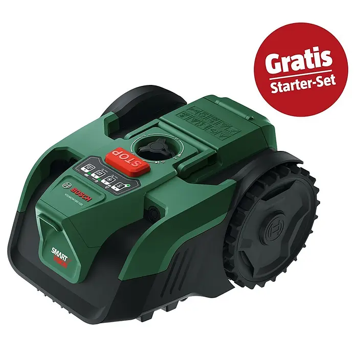 Bosch Power for All 18V Maschinenpaket - Akku-Rasenmäher ROTAK18V-32, 18V, 2,5 Ah Akku & Ladegerät - Grün-schwarzer Bosch Mähroboter mit Bedienfeld, Rädern und rotem "Gratis Starter-Set" Aufkleber.