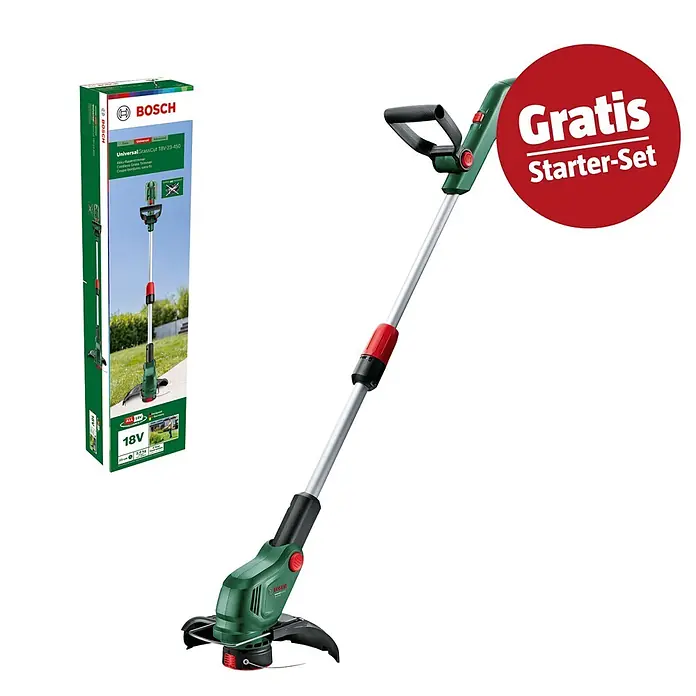 Bosch Power for All 18V Maschinenpaket - Mähroboter VISIMOW 18V-100, 18V, 2,5 Ah Akku & Ladegerät - Bosch UniversalGrassCut 18V-23-450 Akku-Rasentrimmer in Grün, Schwarz und Silber, neben der Verpackung, mit 'Gratis Starter-Set' Promotion.