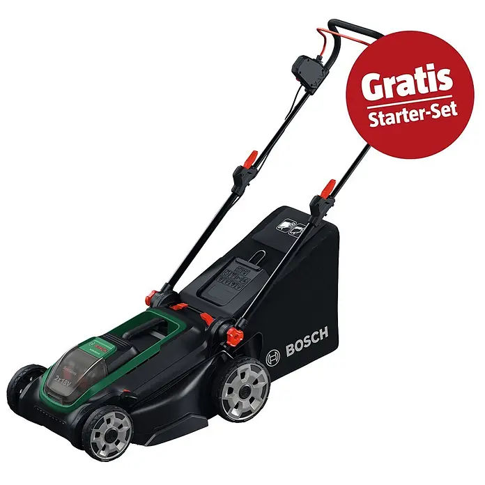 Bosch Power for All 18V Maschinenpaket - Mähroboter VISIMOW 18V-100, 18V, 2,5 Ah Akku & Ladegerät - Schwarzer und grüner Bosch Akku-Rasenmäher mit roten Griffakzenten und grauen Rädern, versehen mit einem "Gratis Starter-Set" Abzeichen.