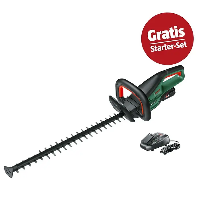 Bosch Power for All 18V Maschinenpaket - Akku-Rasentrimmer UniversalGrassCut 18V-26, 18V, 2,5 Ah Akku & Ladegerät - Bosch Akku-Heckenschere in Grün/Schwarz, mit Akku und Ladegerät, bewirbt ein kostenloses Starter-Set.