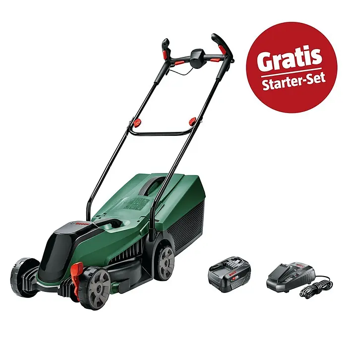 Bosch Power for All 18V Maschinenpaket - Akku-Rasentrimmer EasyGrassCut 18V-230, 18V, 2,5 Ah Akku & Ladegerät - Grün-schwarzer Bosch Akku-Rasenmäher mit roten Akzenten, gezeigt mit Akku und Ladegerät. Inklusive „Gratis Starter-Set“.