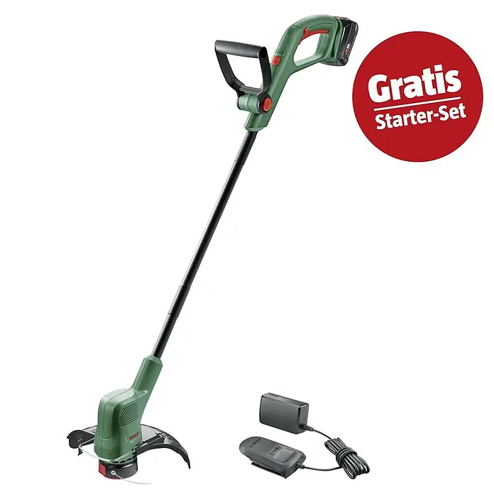 Bosch Power for All 18V Maschinenpaket - Akku-Rasentrimmer UniversalGrassCut 18V-260, 18V, 2,5 Ah Akku & Ladegerät - Grüner und schwarzer Bosch Akku-Rasentrimmer mit Akku, Ladegerät und rotem 'Gratis Starter-Set' Label.