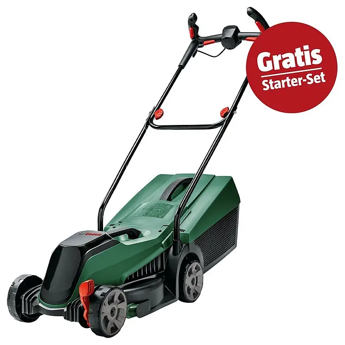 Bosch Power for All 18V Maschinenpaket - Akku-Rasentrimmer EasyGrassCut 18V-26, 18V, 2,5 Ah Akku & Ladegerät - Grüner und schwarzer Bosch Elektrorasenmäher mit roten Akzenten und rotem „Gratis Starter-Set“-Aufdruck.