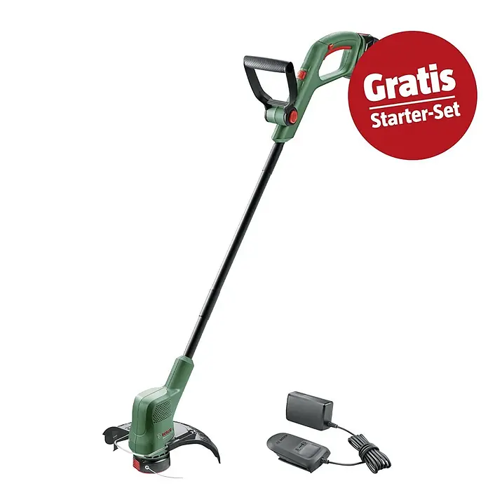 Bosch Power for All 18V Maschinenpaket - Akku-Rasentrimmer UniversalGrassCut 18V-26, 18V, 2,5 Ah Akku & Ladegerät - Grüner und schwarzer Bosch Akku-Rasentrimmer mit Ladegerät und "Gratis Starter-Set" Aufkleber.