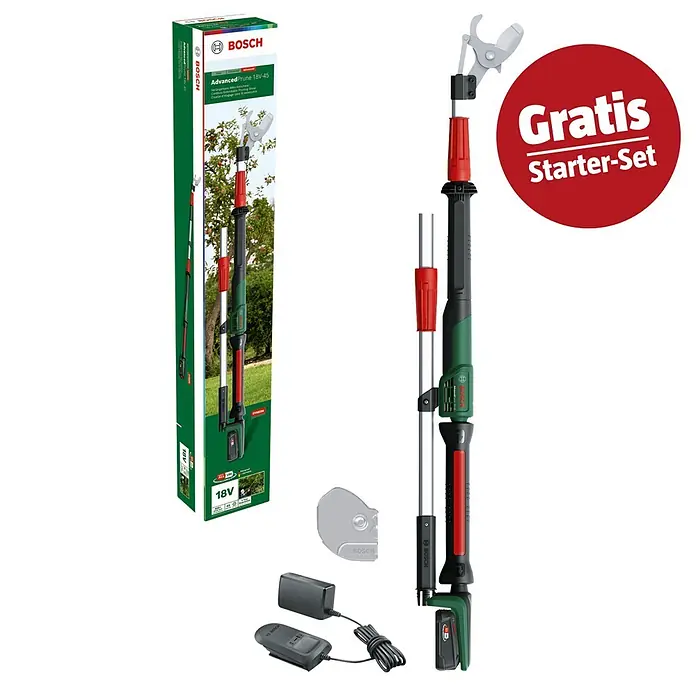 Bosch Power for All 18V Maschinenpaket - Akku-Rasentrimmer UniversalGrassCut 18V-26-500, 18V, 2,5 Ah Akku & Ladegerät - Bosch AdvancedPrune 18V-45 Akku-Astschere ausziehbar (grün, schwarz, rot) mit Verpackung, Akku, Ladegerät, Klingenschutz und "Gratis Starter-Set".