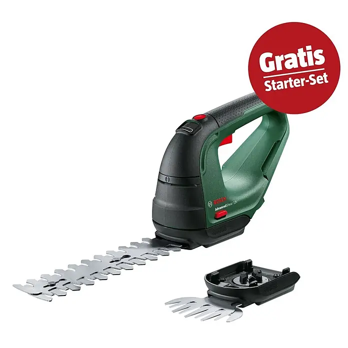 Bosch Power for All 18V Maschinenpaket - Akku-Gras- & Strauchschere AdvancedShear 18V-10, 18V, 2,5 Ah Akku & Ladegerät - Bosch AdvancedShear 18V Akku-Heckenschere (grün/schwarz) mit langem Messer, zusätzlichem kurzem Messeraufsatz und „Gratis Starter-Set“ Aufkleber.