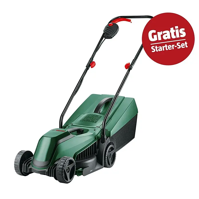 Bosch Power for All 18V Maschinenpaket - Akku-Gartenschere AdvancedPrune 18V-45 mit Verlängerungsstange, 18V, 2,5 Ah Akku & Ladegerät - Grüner Bosch Elektro-Rasenmäher mit schwarzen Griffen und Rädern. Inklusive rotem 'Gratis Starter-Set' Zeichen.
