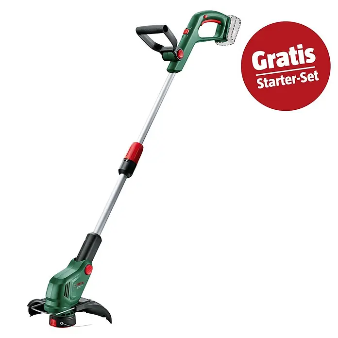 Bosch Power for All 18V Maschinenpaket - Akku-Gartenschere AdvancedPrune 18V-45, 18V, 2,5 Ah Akku & Ladegerät - Grün-silberner Bosch Akku-Rasentrimmer mit rotem "Gratis Starter-Set" Aufkleber.